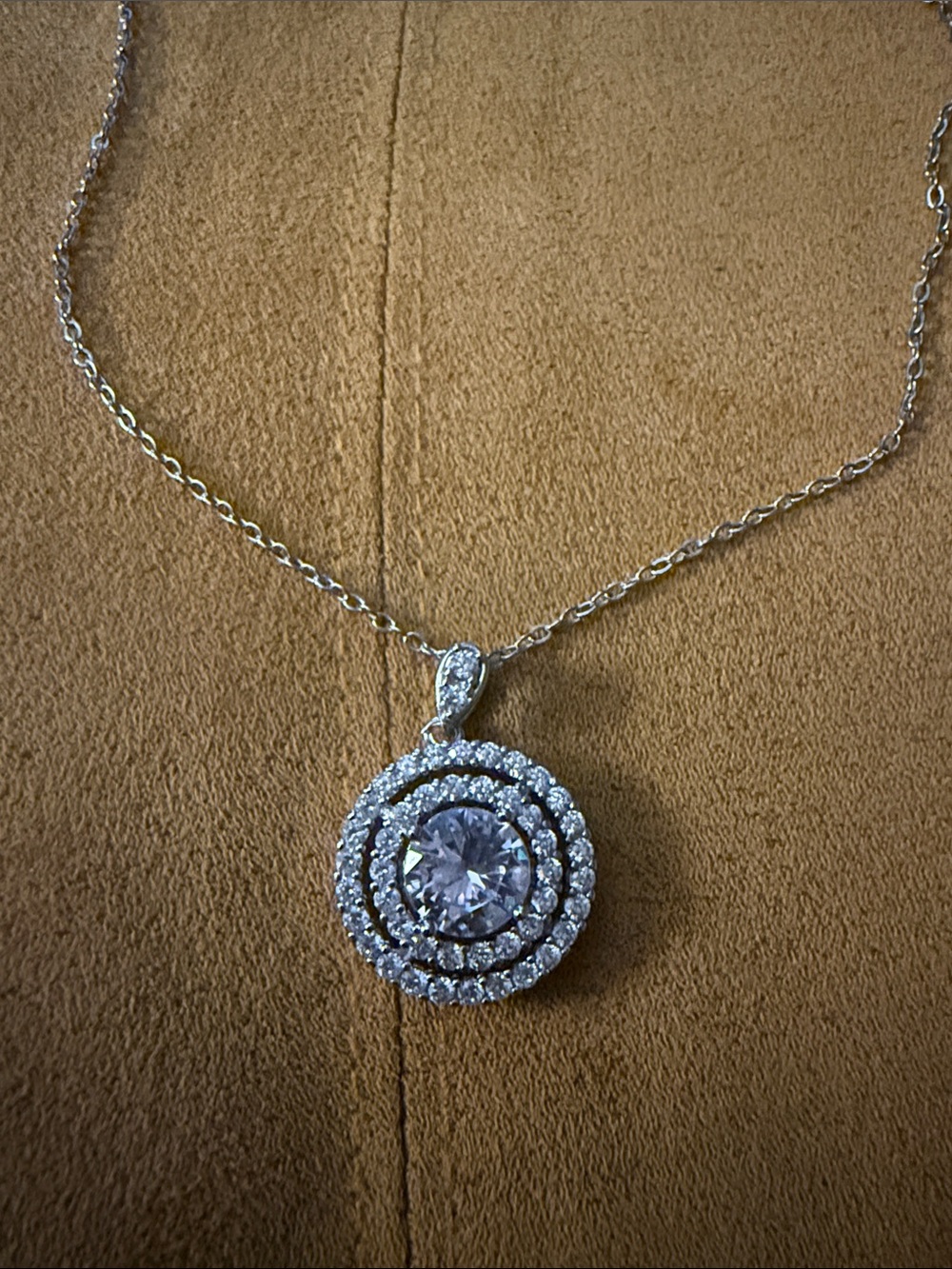Silver-Tone Round Halo Pendant Necklace with Clear Stone